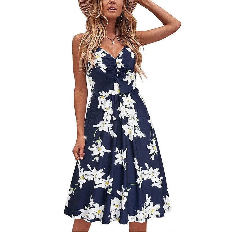 Womens V-Neck Floral Print Spaghetti Strap Sleeveless Dress