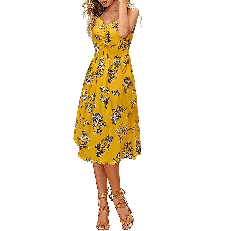 Womens V-Neck Floral Print Spaghetti Strap Sleeveless Dress