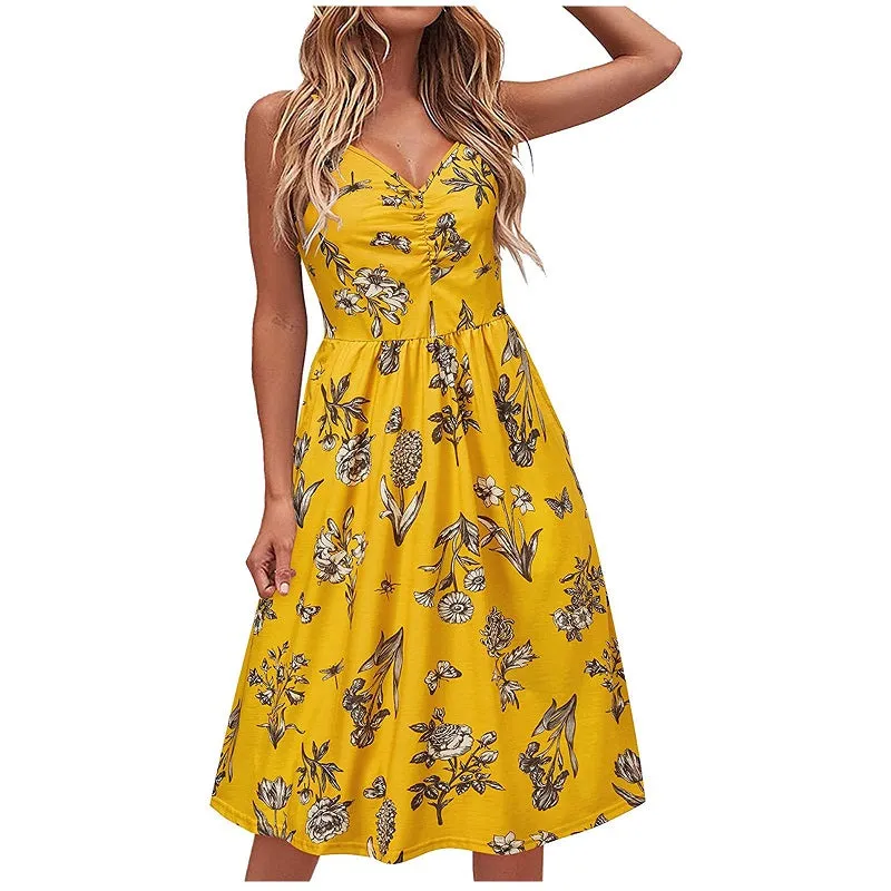 Womens V-Neck Floral Print Spaghetti Strap Sleeveless Dress