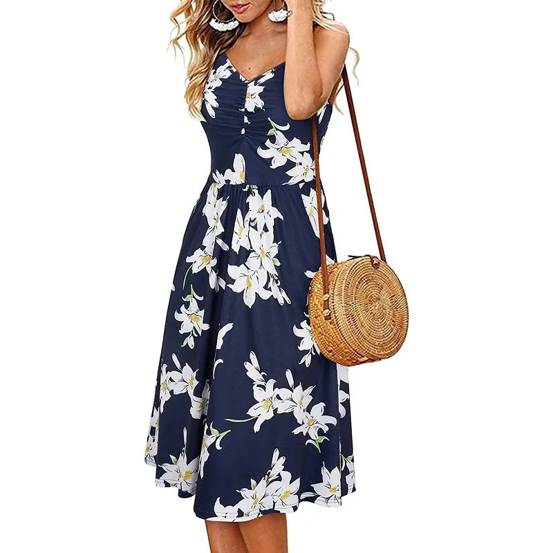 Womens V-Neck Floral Print Spaghetti Strap Sleeveless Dress